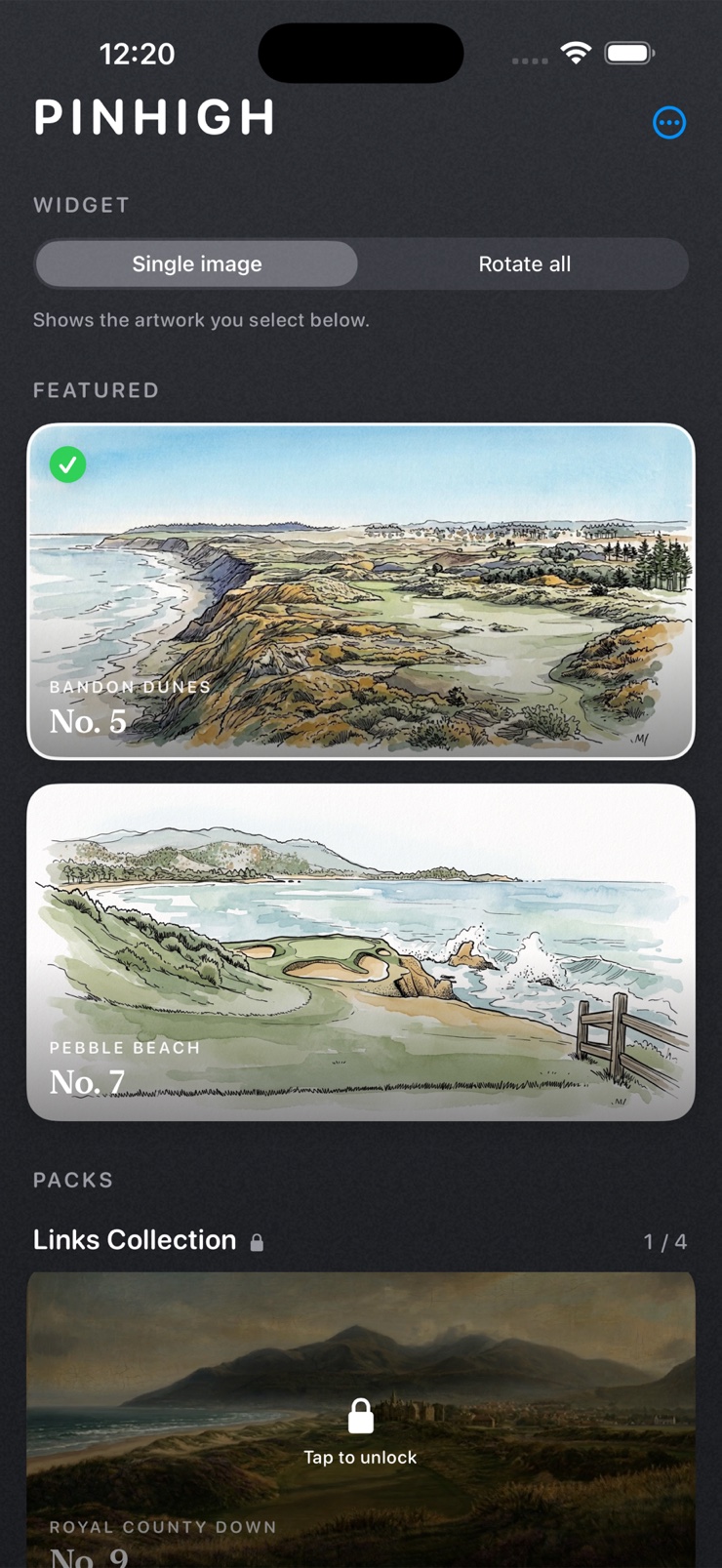 The Pinhigh app Featured screen, showing Bandon Dunes No. 5 and Pebble Beach No. 7 with a locked Links Collection pack below