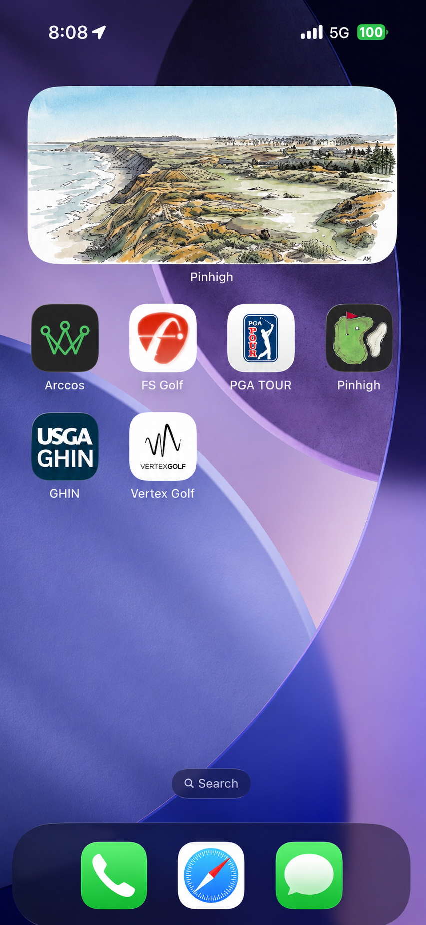 An iPhone home screen with a Pinhigh widget at the top showing an illustrated coastal golf hole, set above the app icons