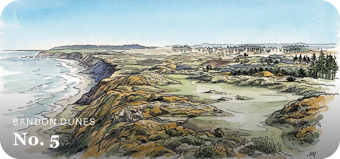 Bandon Dunes No. 5, a watercolor and pen illustration of the fifth hole