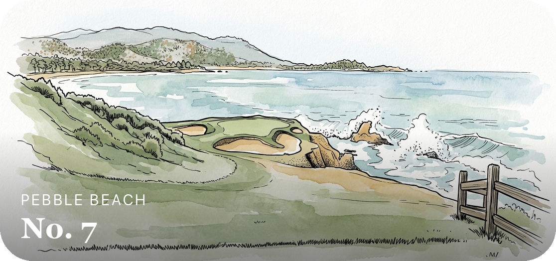 Pebble Beach No. 7, a watercolor and pen illustration of the seventh hole